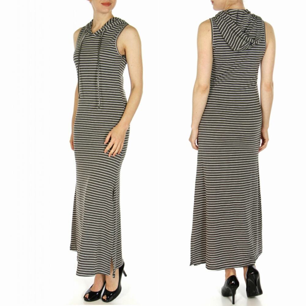 New Icon Apparel Women's Hooded Striped Soft Jersey Side Slit Maxi Dress